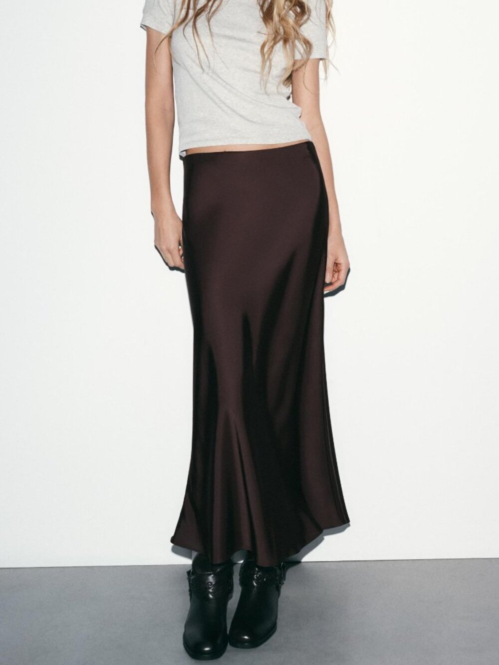 Zara SATIN EFFECT MIDI SKIRT Dark eggplant